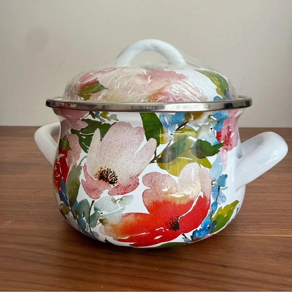 Brand New Crofton 1 Quart Mini Dutch Oven / Casserole Pot - Bright Floral Enamel